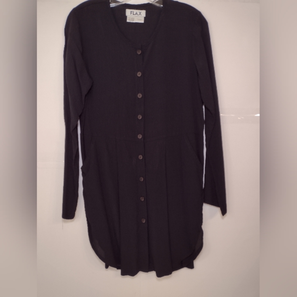 Flax Women's Black Long Button-Up Top Knee Length Size (M) Petite